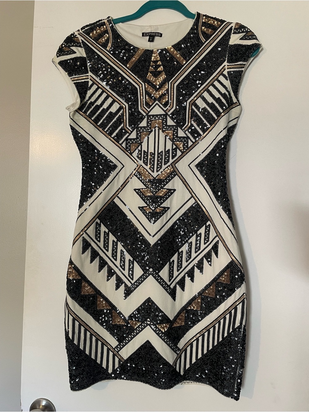 Express Black Gold Sequin Art Deco Bodycon Dress Size M